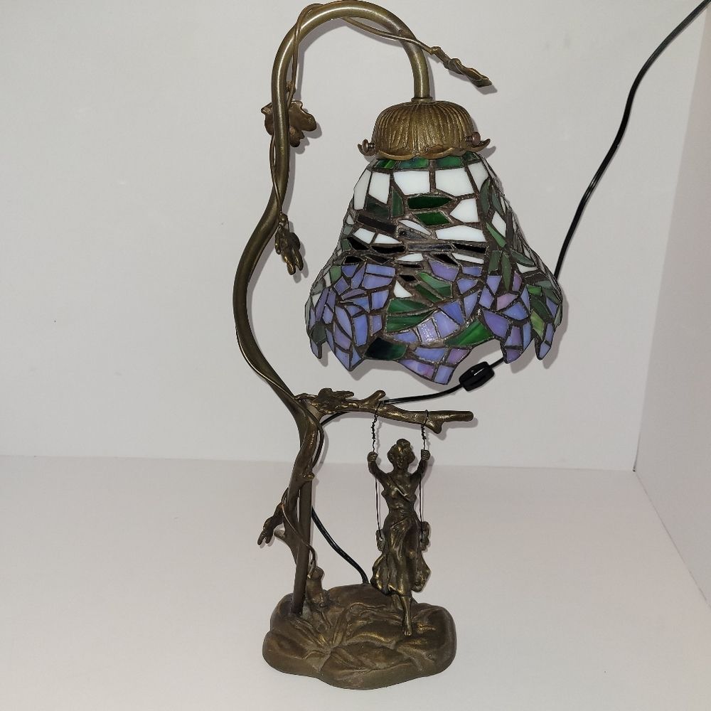 19" Woman On Swing Metal Floral Stained Glass Lamp - Picture 7 of 8